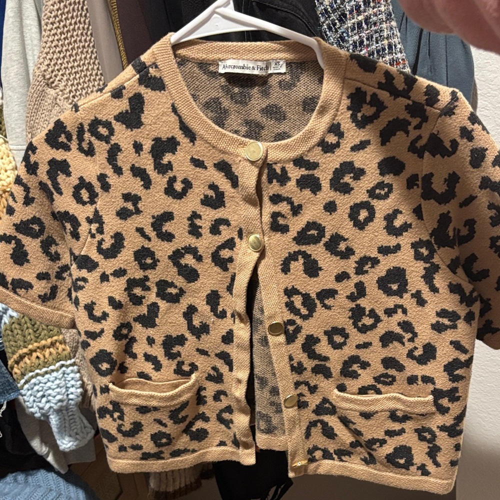 Abercrombie & Fitch Tan Leopard Cardigan with Gold Accents